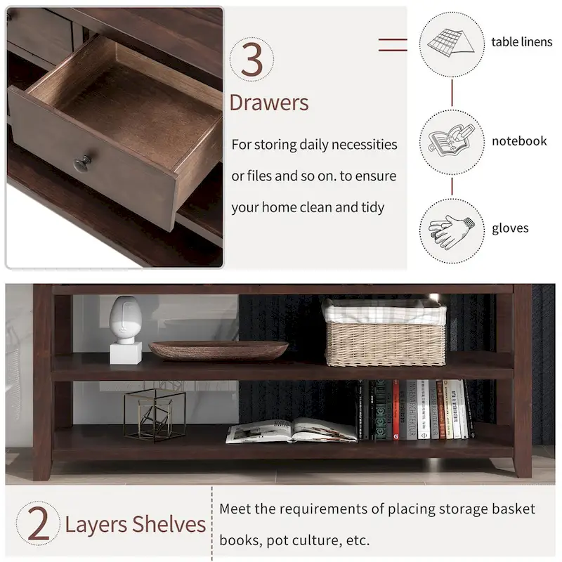 Pine Solid Wood Console Table with Two Open Shelves