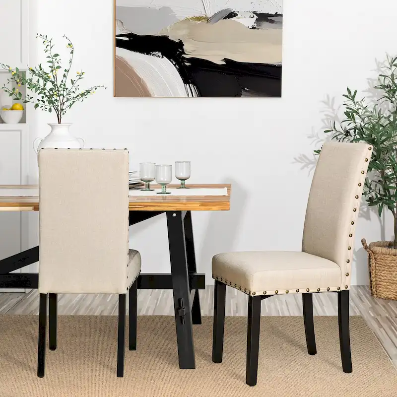 High Back Linen Fabric Dining Chairs with Nailhead Trim – Grey / Cream White / Tan