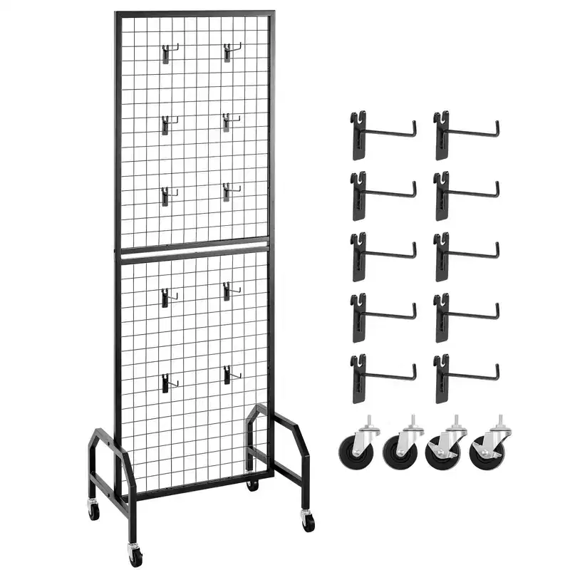 VEVOR Grid Wall Panel, 1.9 x 5.4 ft Wire Grid Panels Display Rack, Movable Art Display Shelf with Wheels and 10 Hooks, Black