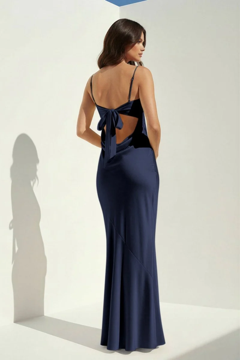 Yellow Spaghetti Straps Sheath Satin Open Back Long Prom Dresses