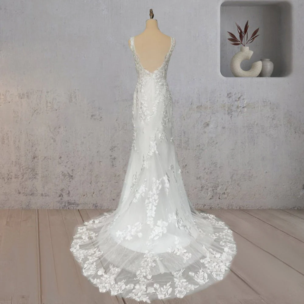 Mermaid Lace Illusion V Neck Sleeveless Backless Wedding Dress