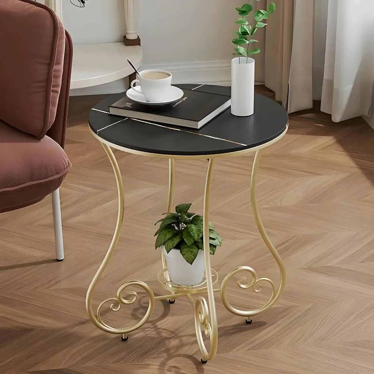 Modern Gloss Finish Steel Marble-Top Round Side Table