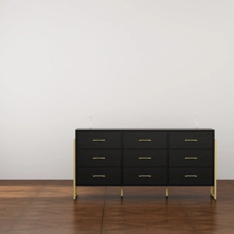 Elegant 9-Drawer Dresser with Gold Accents - Black Stripe Finish Chest