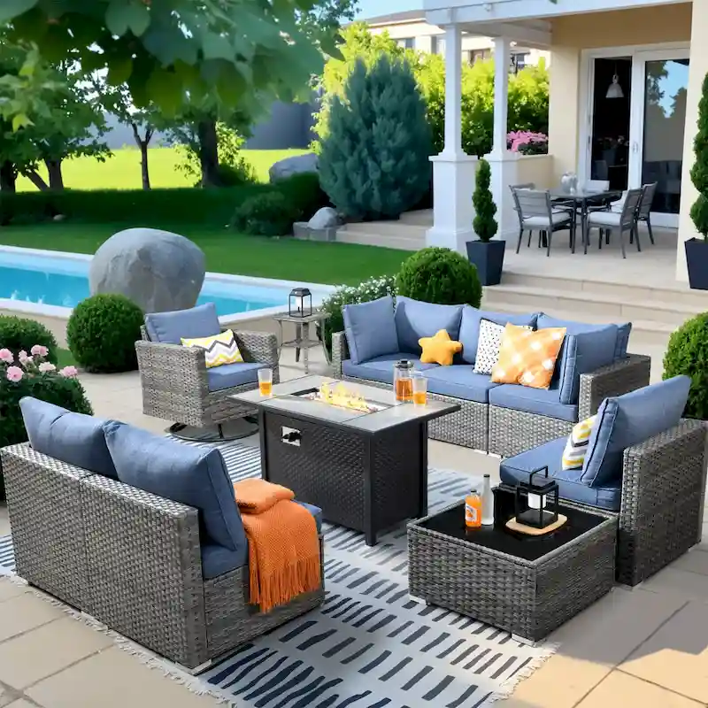 HOOOWOOO 10-piece Wicker Patio Furniture Sectional Sofa Set Swivel Rocker with Fire Pit Table
