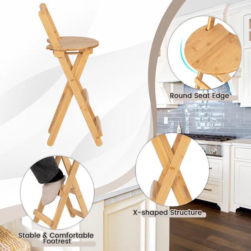 Set of 2 Bamboo Folding Barstools Counter Height Dining Chairs