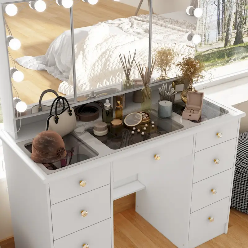 White Vanity Makeup Table with Tri-fold Mirror & LED Lighting, 1-Person