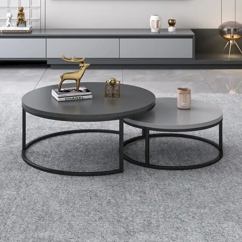 Modern Wood Gray & Black Round Coffee Table for Living Room