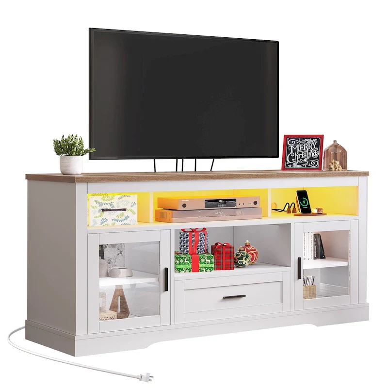 White LED Farmhouse Highboy TV Stand for TVs Up to 65