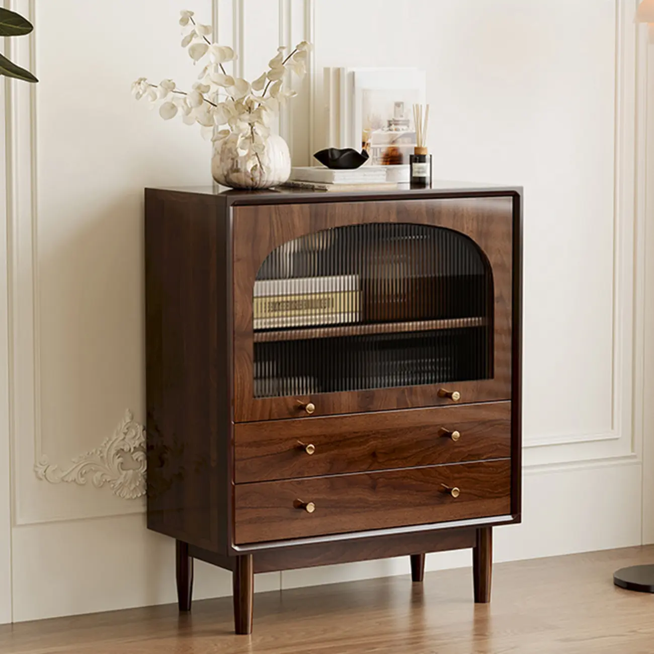 Vintage Brown Wood Rattan Storage Cabinet for Living Room