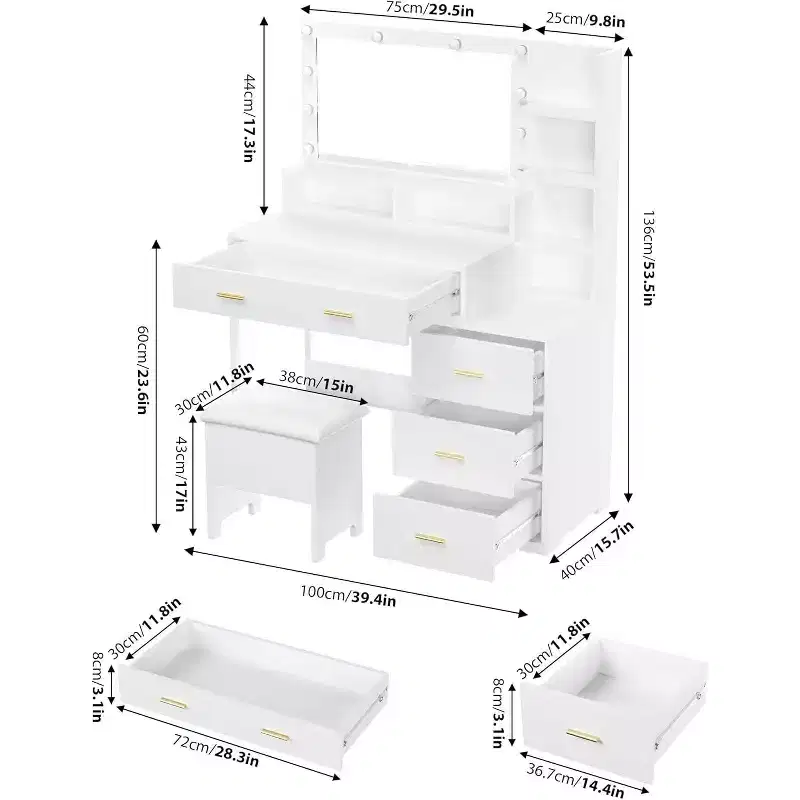 Vanity Desk with 9 LED Mirror & Drawers, 4 Large Drawers and 3 Tiers of Open Shelves for Bedroom, White