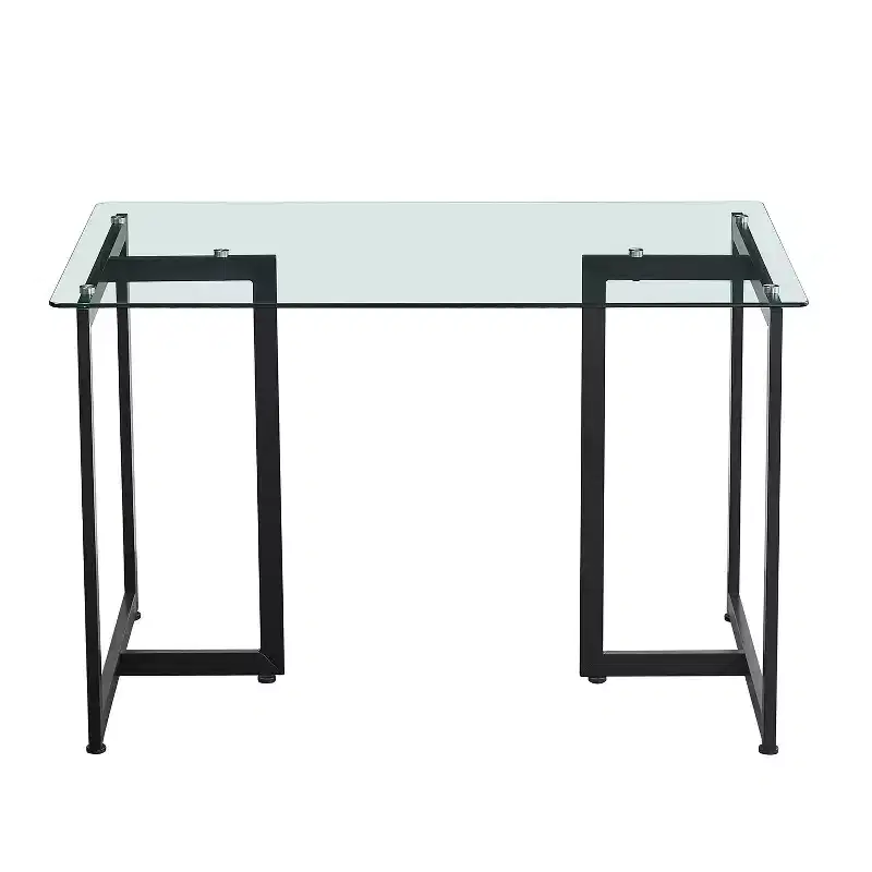 FurnitureR 55.1-Inch Glass Dining Table, Modern Rectangular Kitchen Table with Sturdy Metal Frame, Ideal for Dining Room or Home Office, Black