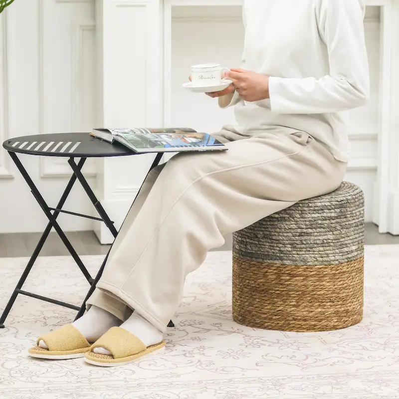 Adeco Round Ottoman Natural Cattail Hand Weave Foot Stool