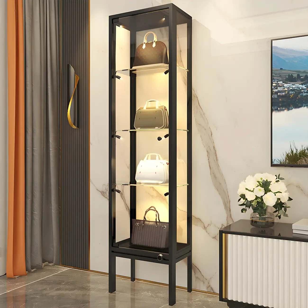 Glam Clear Glass Shelf Black Metal Frame Curio Cabinet