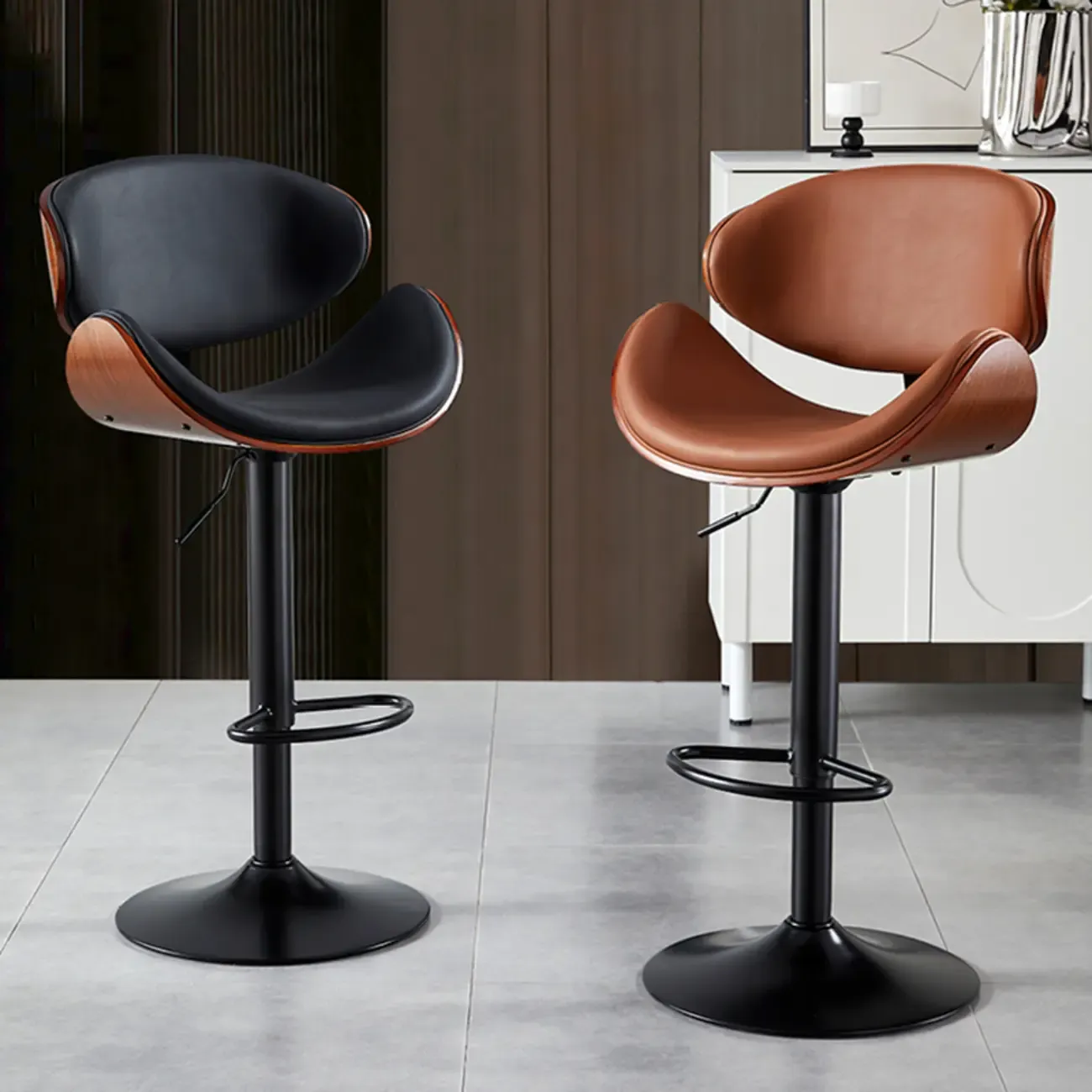 Bucket Adjustable Swivel Leather Bar Stools