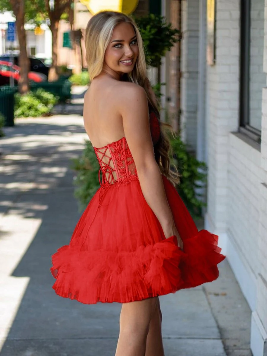 Red - A-Line Sweetheart Ruffle Tulle Homecoming Dress With Appliques