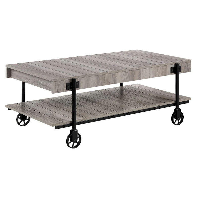 Black Farmhouse Steel 2-Piece Coffee Table Set with Wheels