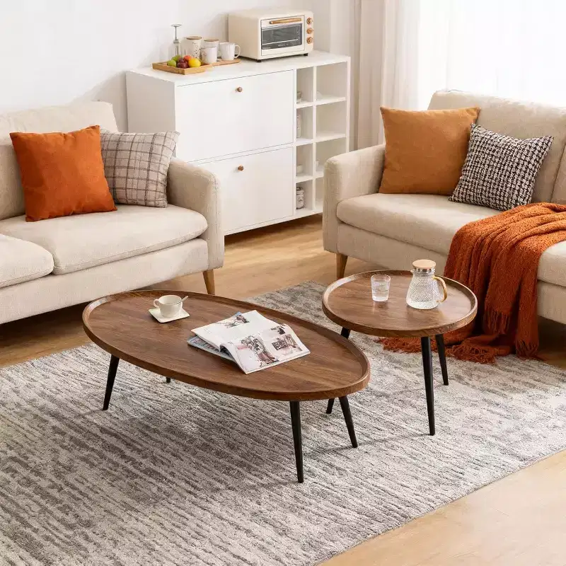 Round Coffee Table Set of 2, Living Room Nest of Tables, Wooden Coffee End Table for Living Room, Small Spaces,Balcony