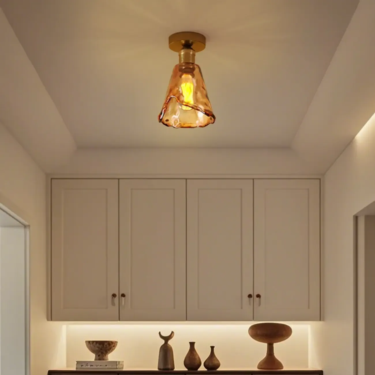 Modern Brass Amber Glass Cone Semi Flush Ceiling Light