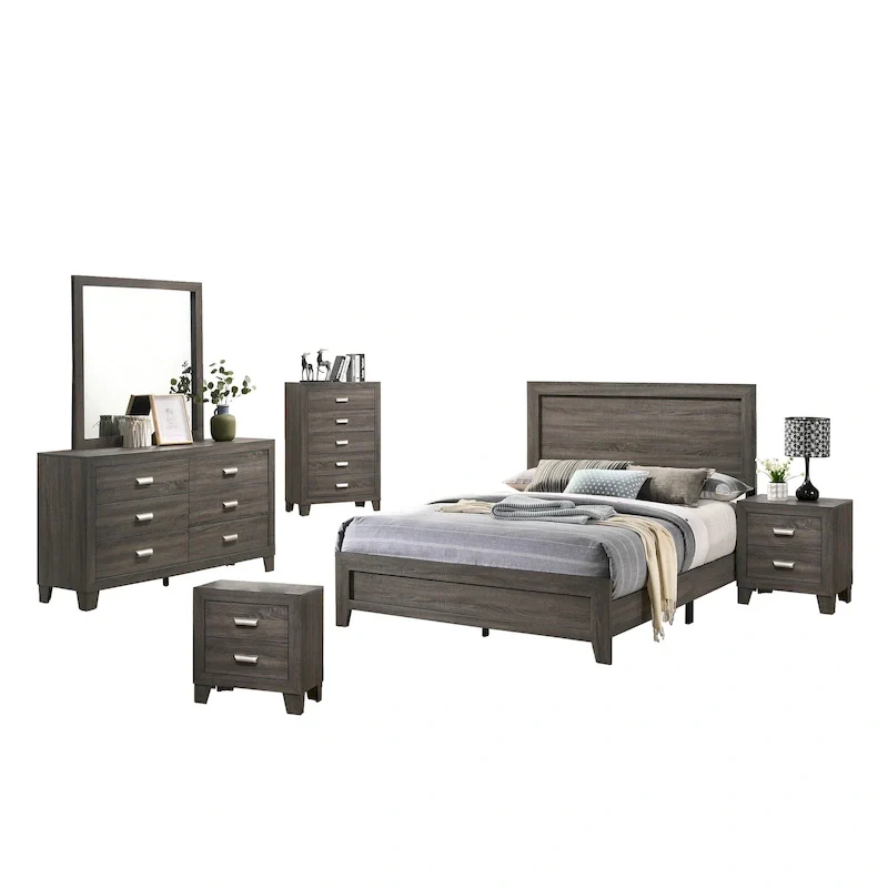6-Piece Bedroom Set with Panel Bed, Dresser, Mirror, Chest and 2 Nightstands