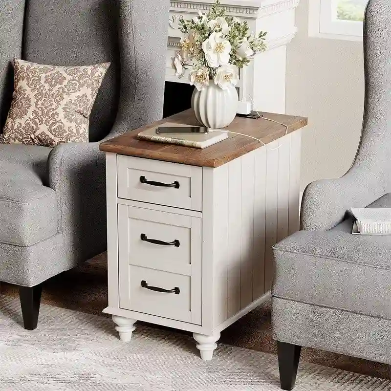 White Marble & Oak Top End Table with Charging Station, 23.6