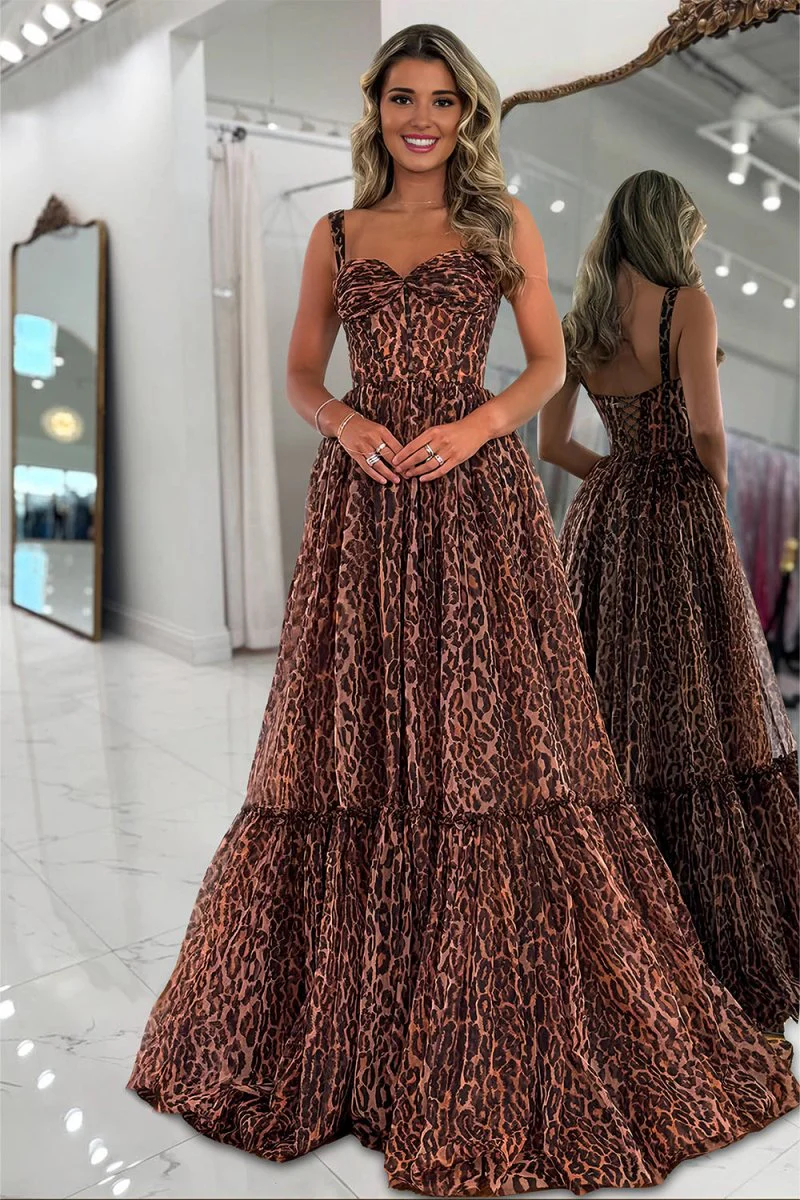Leopard - Spaghetti Straps A Line Chiffon Prom Dress With Ruffles