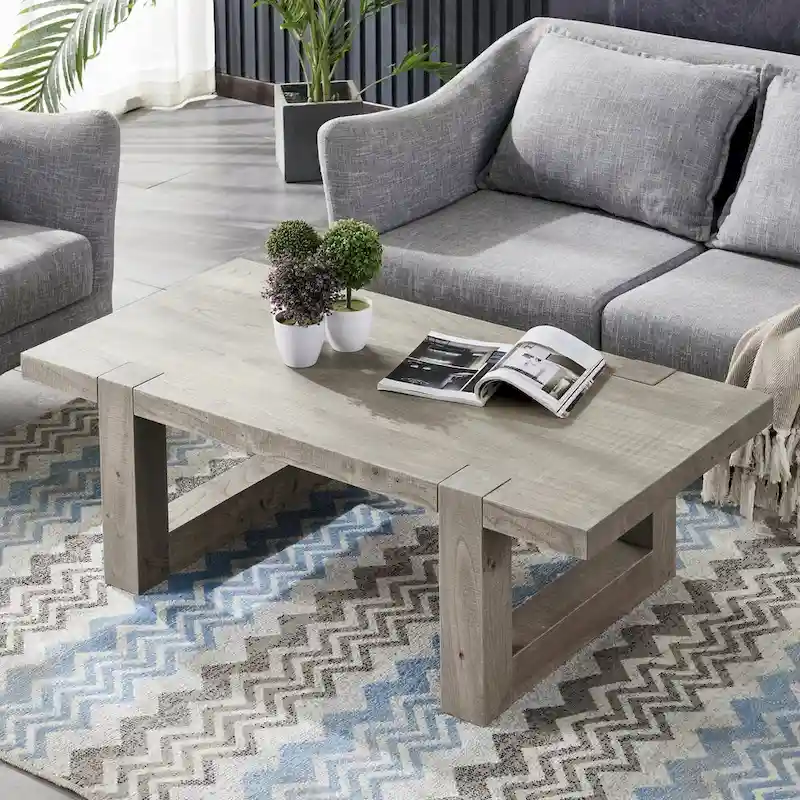 Rustic Gray Elm Wood Coffee Table with Sled Design Legs