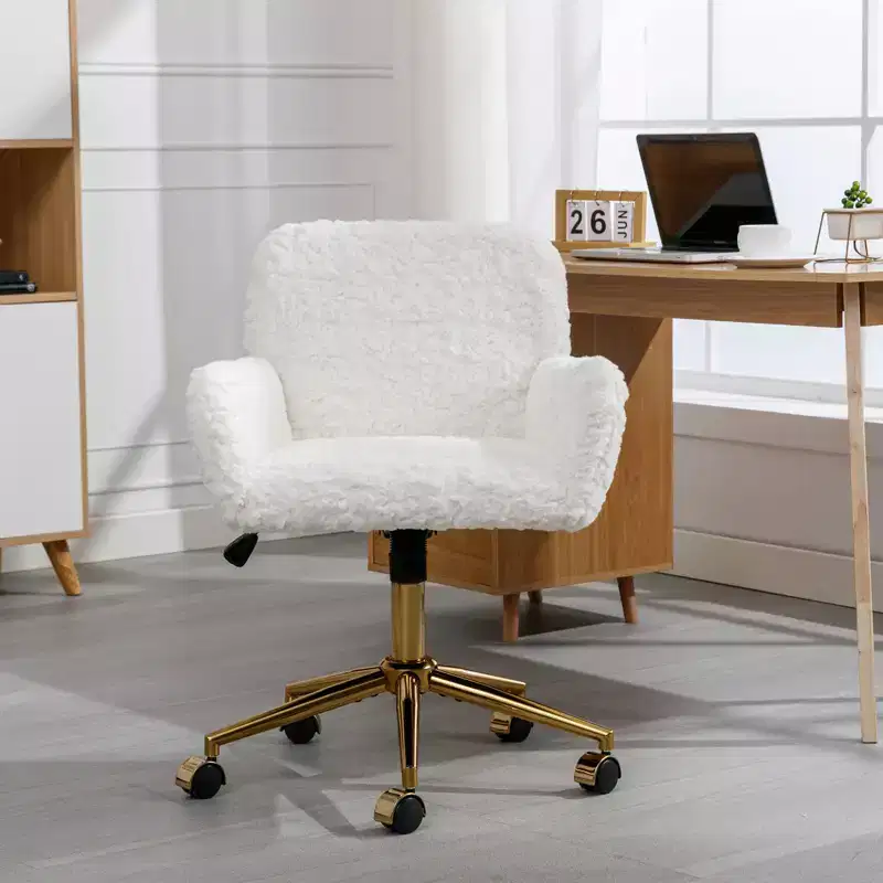 Faux Rabbit Fur Home Adjustable Office Chair with Golden Metal Base, Beige - ModernLuxe
