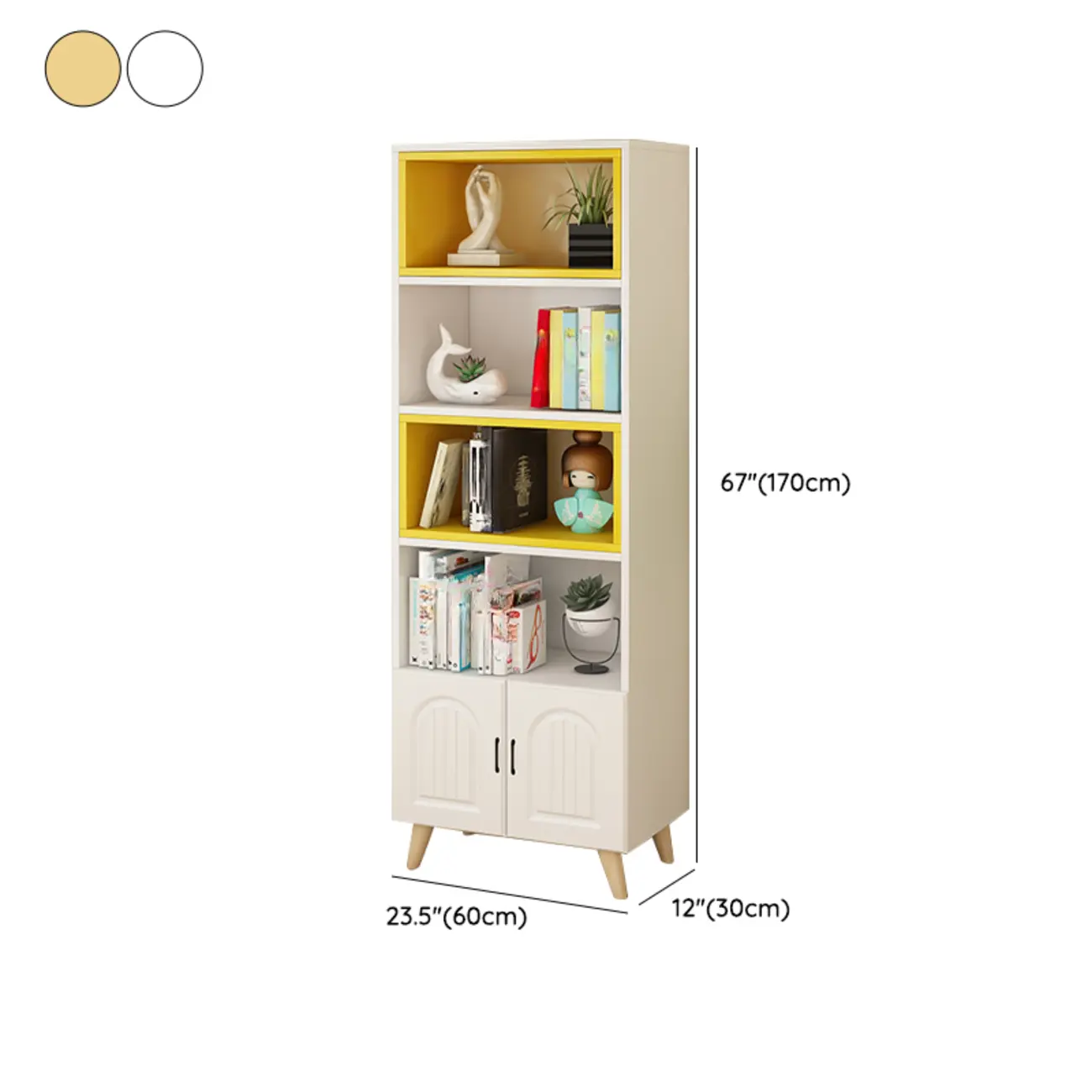 Wood 3-Tier White and Yellow Cube Bookcase with Cabinet