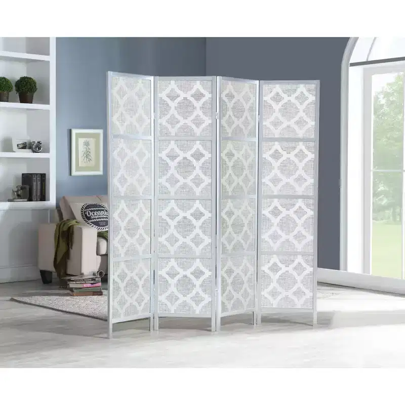 Roundhill Furniture Quarterfoil infused Diamond Design 4-Panel Room Divider, Silver