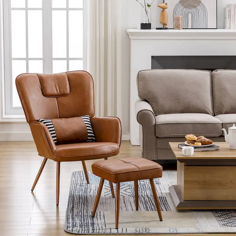 Brown / Grey / Beige Faux Leather Wingback Accent Chair with Ottoman, Single Seat