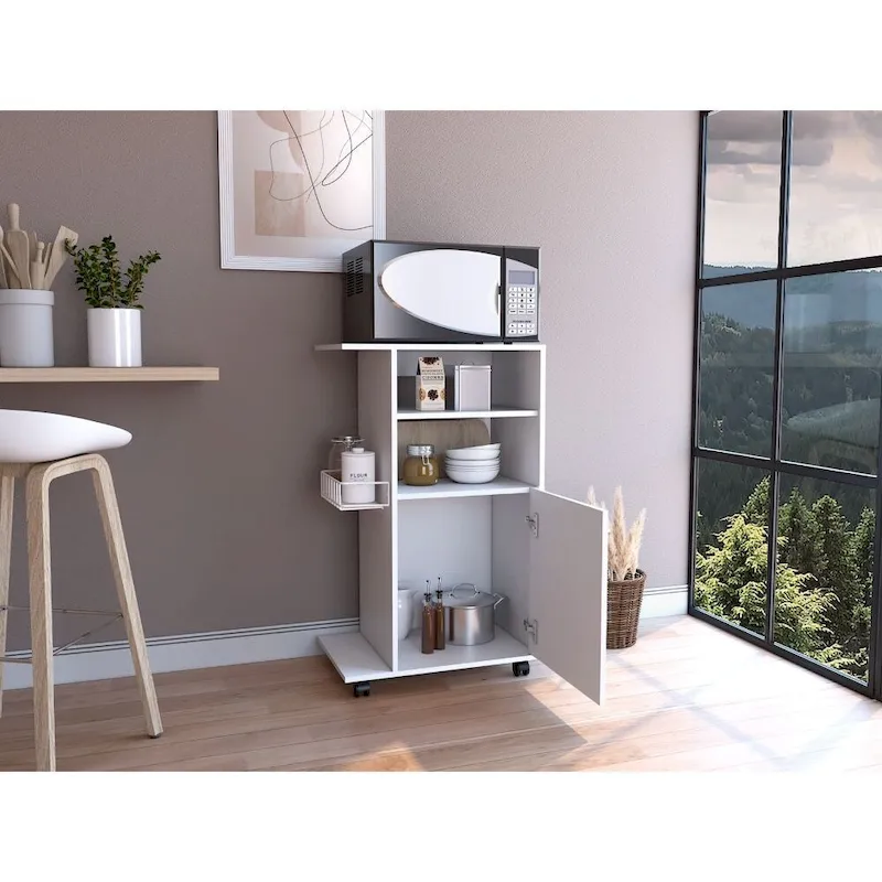 White / Black Single Door Kitchen Cart, 4 Casters, 2-Person Assembly