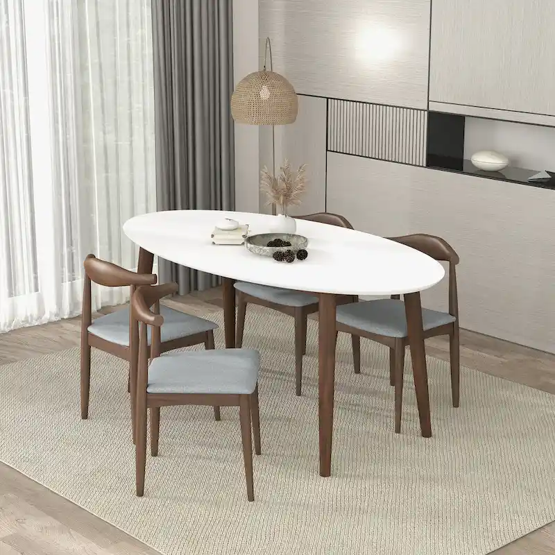 Mid Century Modern Solid Wood Oval Dining Table in White - 67 inches