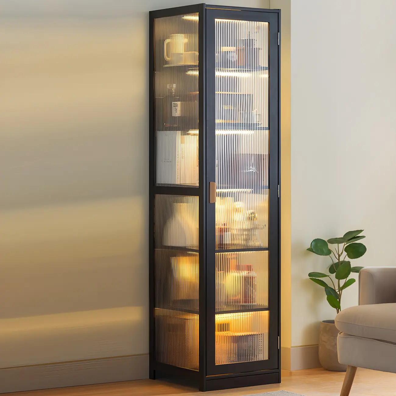 Narrow Adjustable Scandinavian Bamboo Glass Curio Cabinet