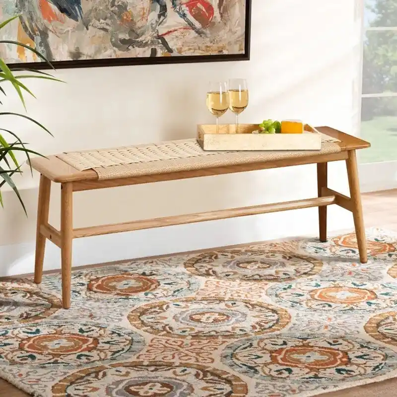 Solid Oak Wood Bench with Woven Rope Seat