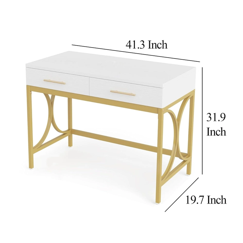 Computer Office Writing Desk, 41 Inch White Top, 2 Drawers, Gold Base