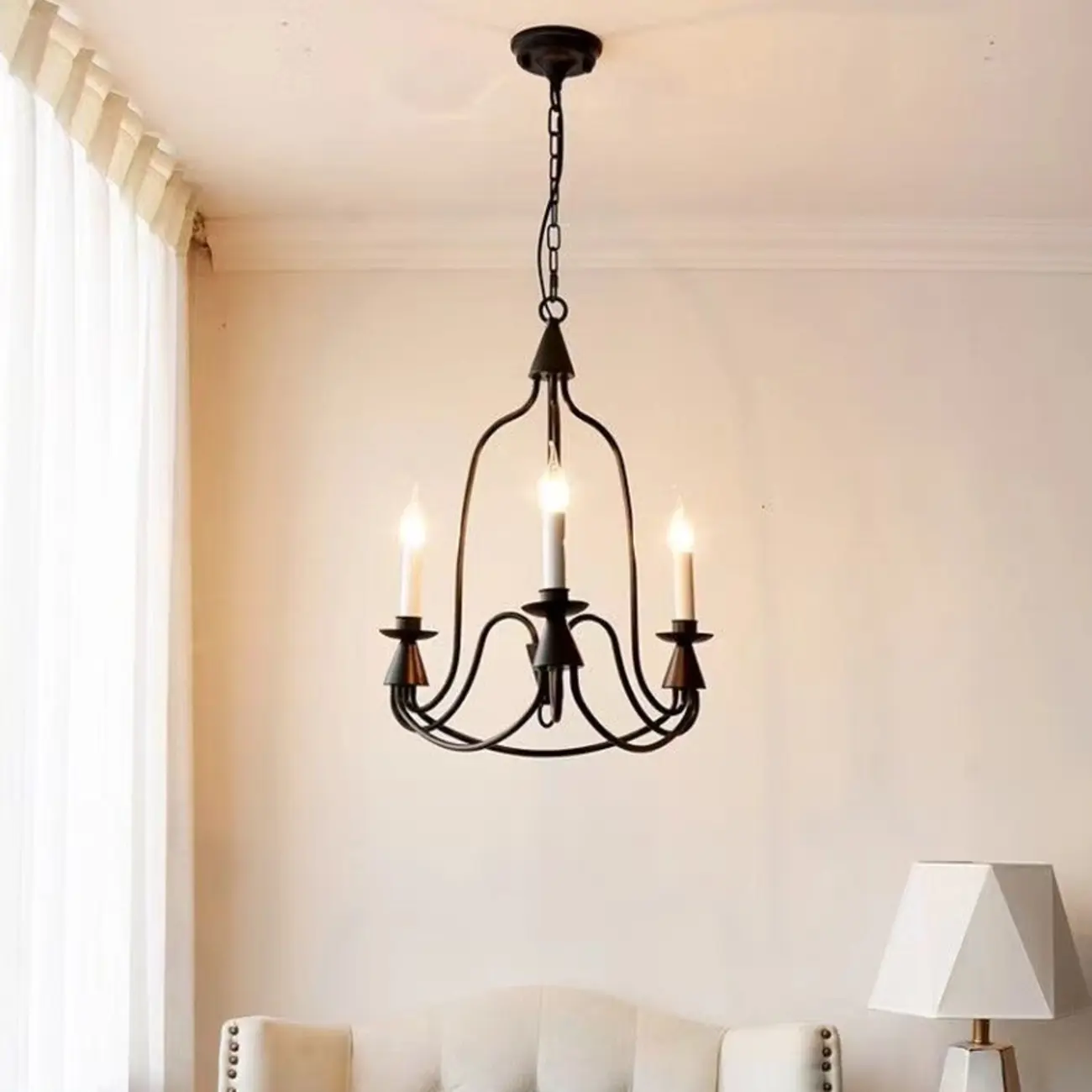 Vintage Curved Metal Chandelier with Adjustable Height