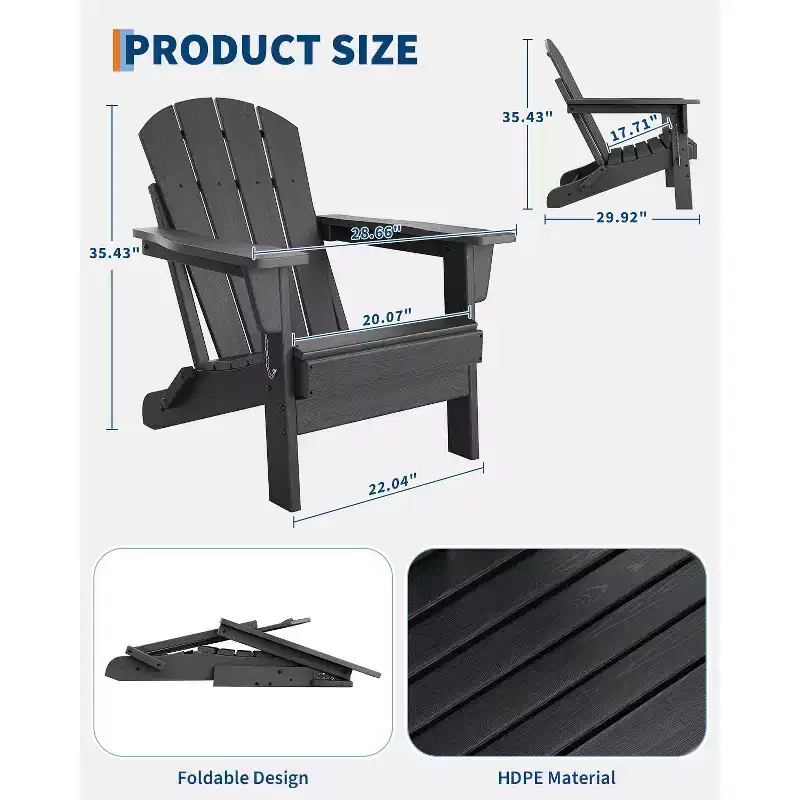 CuisinSmart Folding Adirondack Chair, HDPE All-Weather Foldable Chair, Weatherproof Adirondack Chairs for Patio Garden Lawn Backyard Pool