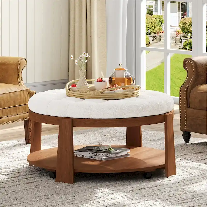36  Round Button Tufted Upholstered Coffee Table with Wood Shelf and Wheel