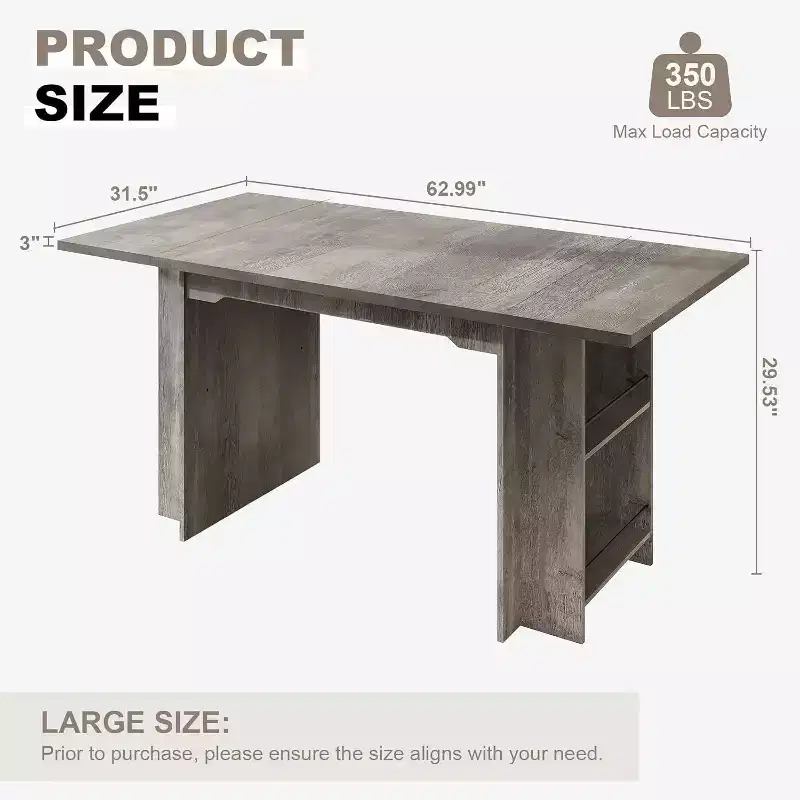 63-Inch Farmhouse Dining Table, Wood Kitchen Table with Side Storage, Seats 4-6 People, for Dining Room/Home Office Use