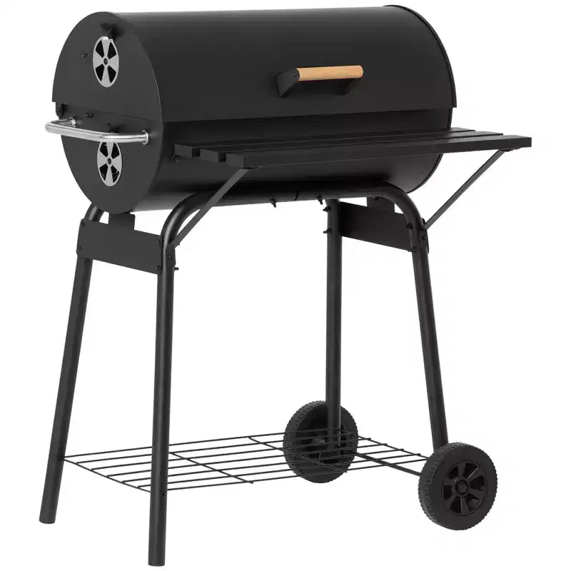 Outsunny 30 Portable Charcoal BBQ Grill Carbon Steel Outdoor Barbecue with Adjustable Charcoal Rack, Storage Shelf, Wheel, for Garden Camping Picnic