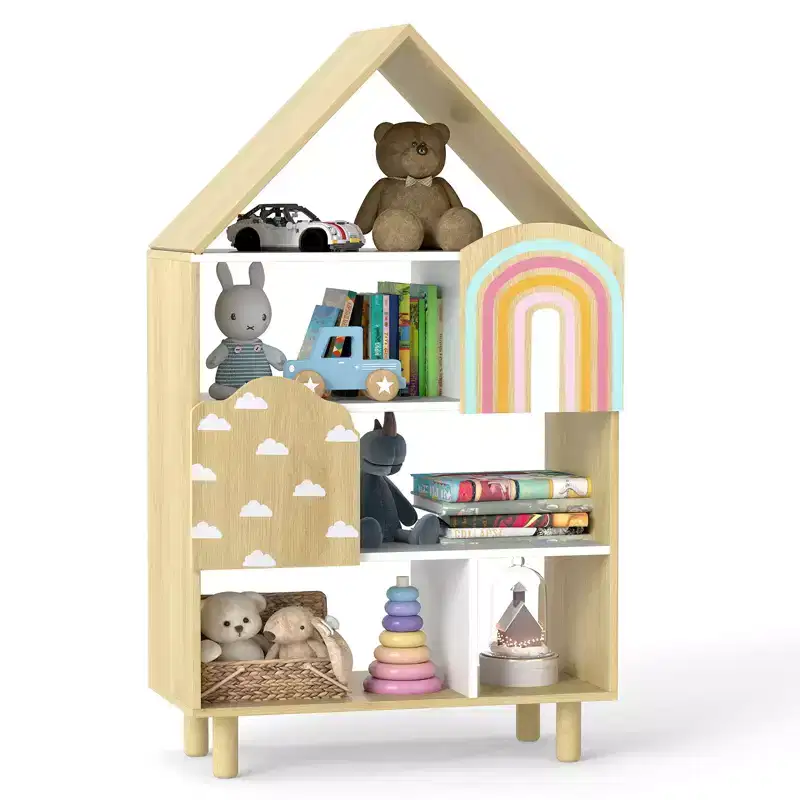 Costway House-Shaped Kids Bookshelf 4-Tier Toy Storage Organizer w/ Open Compartments