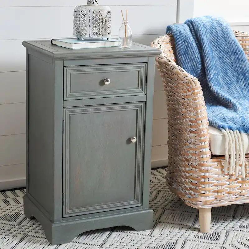 Barley / Dark Teal / Ash Grey French Country Elm Wood End Table with Drawer & Cabinet – 1 Person