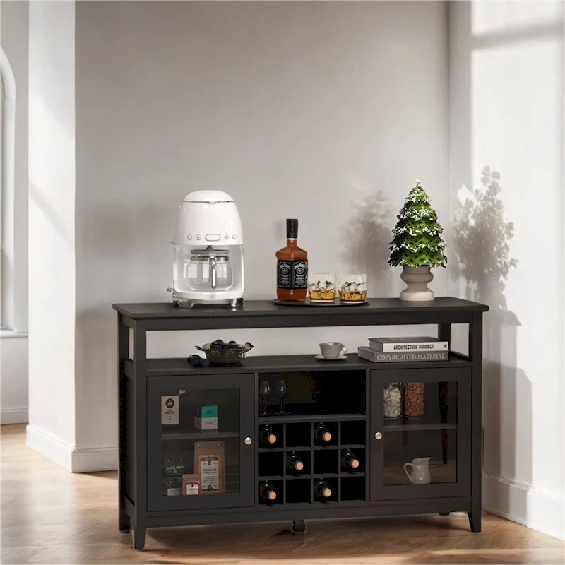 Wood Sideboard Buffet with Wine Rack and Adjustable Shelves