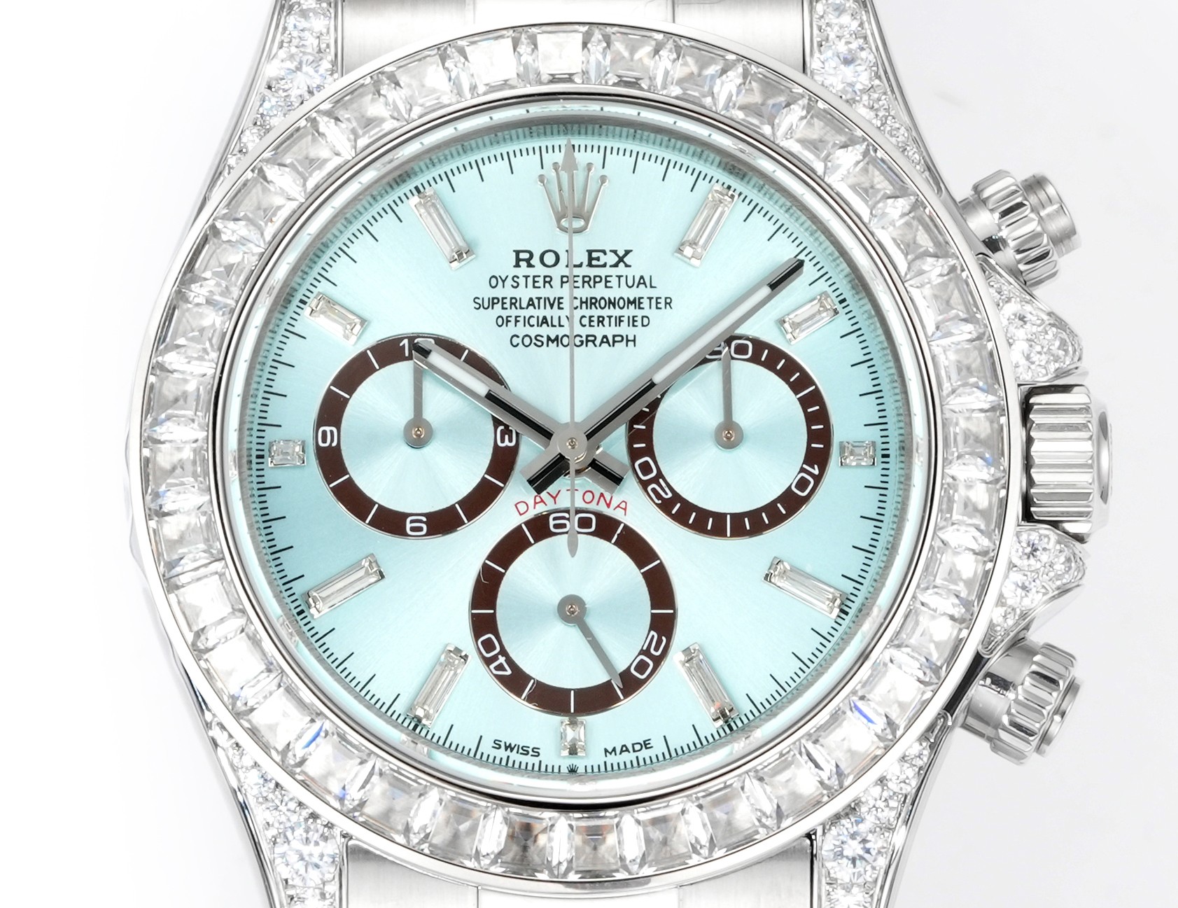 1:1 clone Daytona ice blue dial with baguette diamond bezel