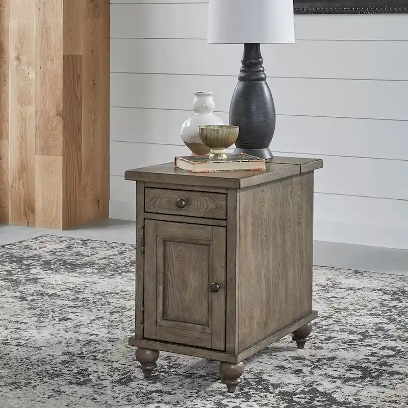 Dusty Taupe Poplar and White Oak Chairside Table with Flip-Top Charging Station and Drawer