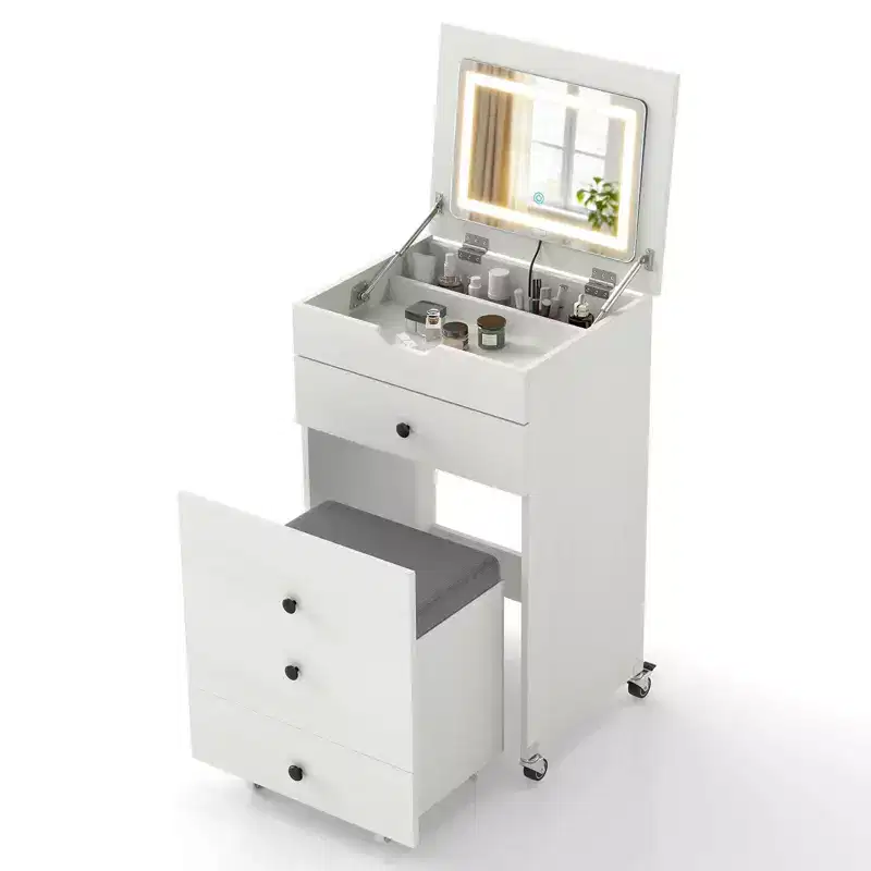 Costway 3-in-1 Small Vanity Desk Set with Flip-top Mirror, Lights, Drawers, Storage Stool White