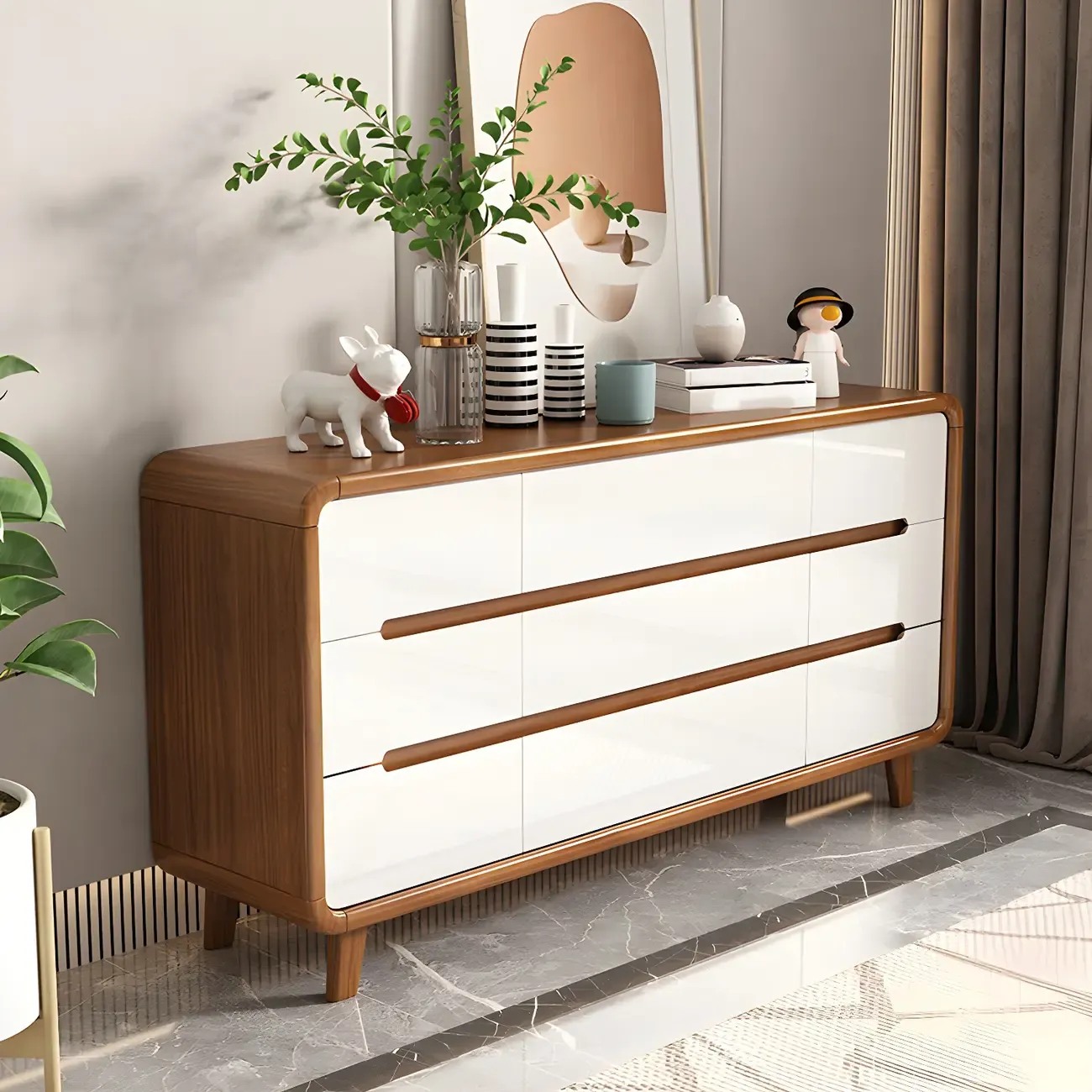 Traditional White-Brown Wooden Double Dresser Arched Edge