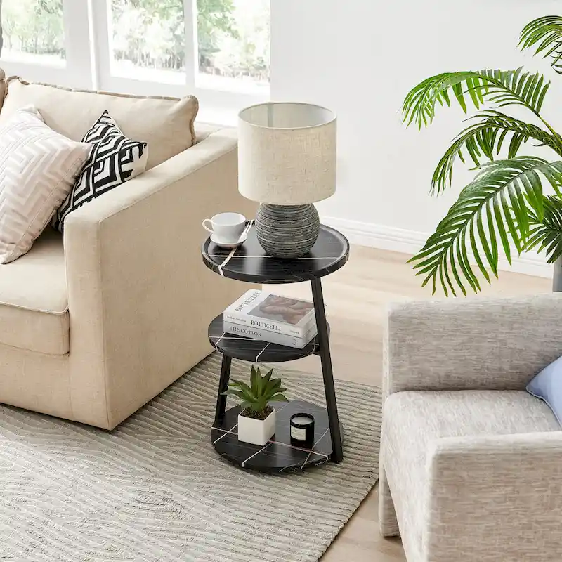 Skylar Round 3-Tier Side Accent Table with Raised Lip Edge Tabletop and Midcentury Modern Metal Asymmetric Pedestal Legs