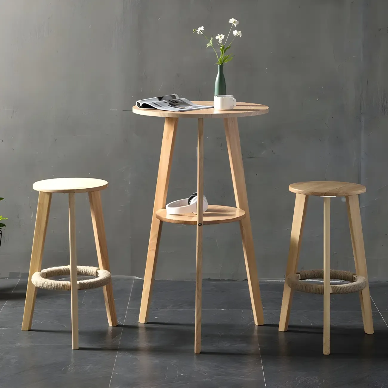 Modern Small Round Bar Height Wood Bar Table with Storage