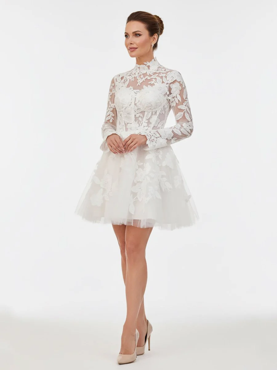 Short White A-Line Illusion Neck Long Sleeves Lace Wedding Dresses